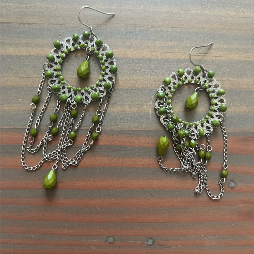 Green Silver chandelier Earrings